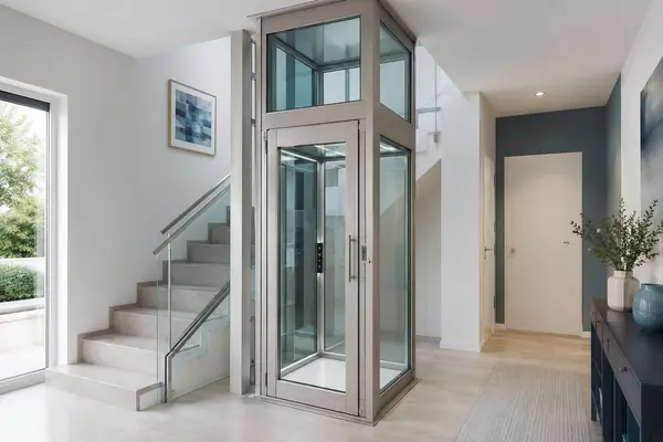 miniascensore domestico con cabina vetrata installato accanto a una scala interna