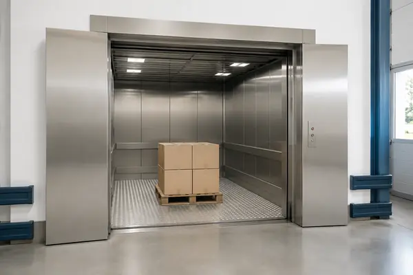 Montacarichi industriale aperto con pallet di merci in magazzino
