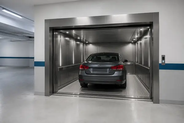 Automobile all’interno di un montauto installato in un’autorimessa moderna