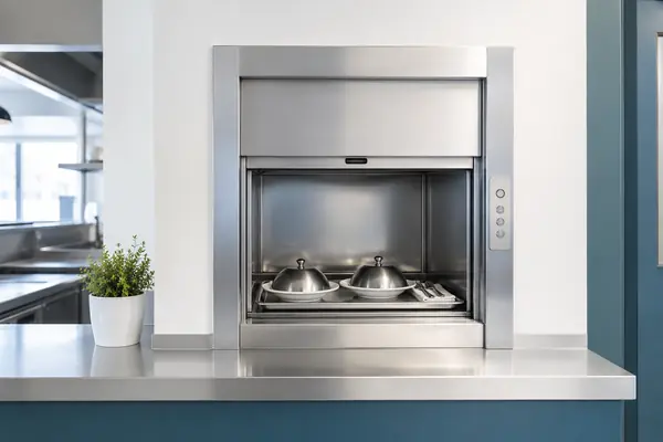 Montavivande in acciaio aperto con vassoio e piatti in una cucina professionale