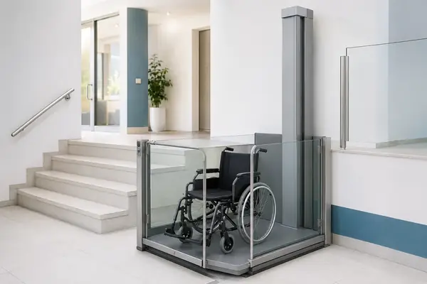 Piattaforma elevatrice verticale installata internamente alla base della scale