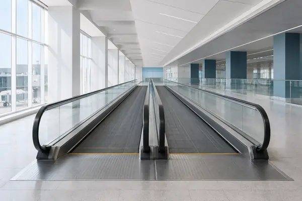 Due tappeti mobili paralleli con superficie antiscivolo, balaustre in vetro e corrimano neri all’interno di un moderno aeroporto