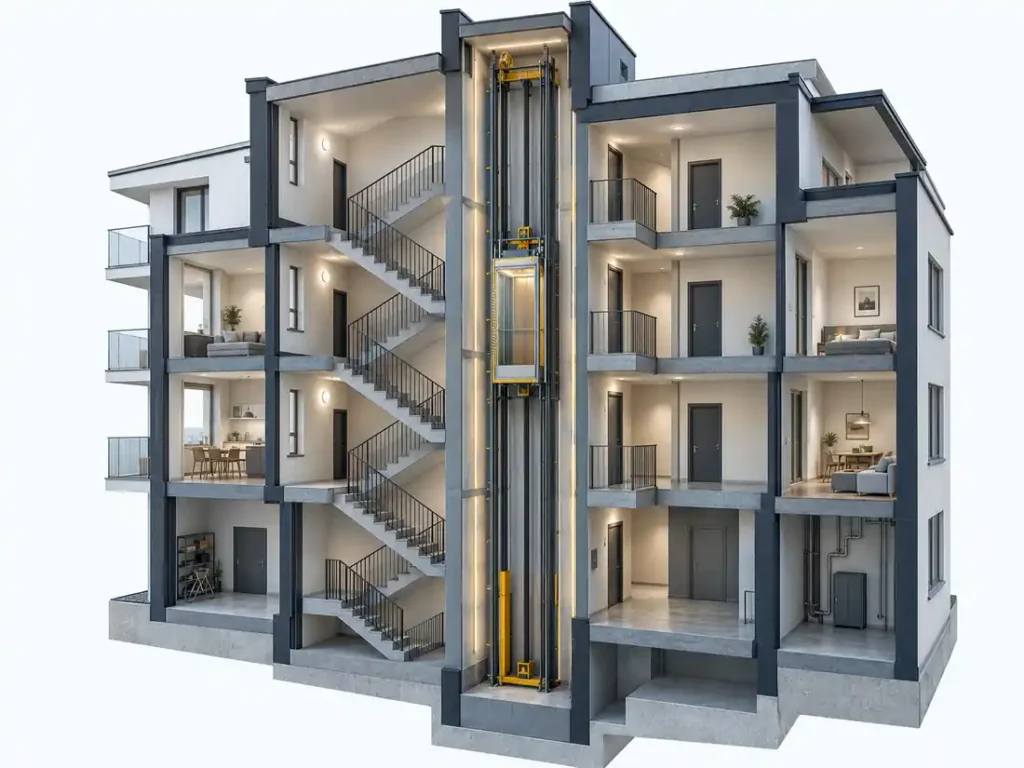 Cavedio verticale interno a un edificio con vano ascensore, cabina, guide e struttura circostante