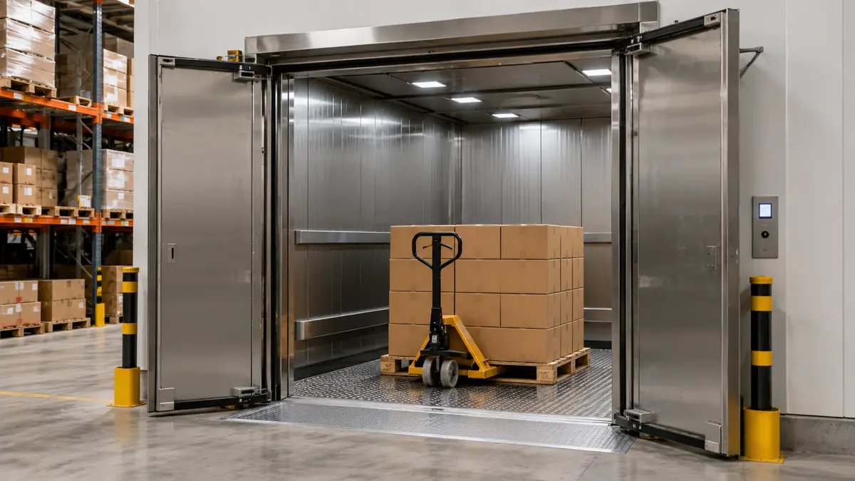 Montacarichi industriale con porte aperte e pallet di scatole nella cabina