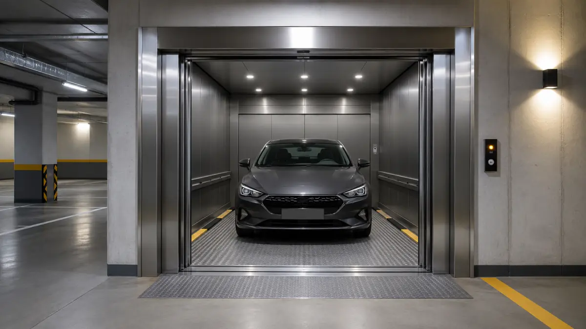 Montacarichi industriale con porte aperte e pallet di scatole nella cabina