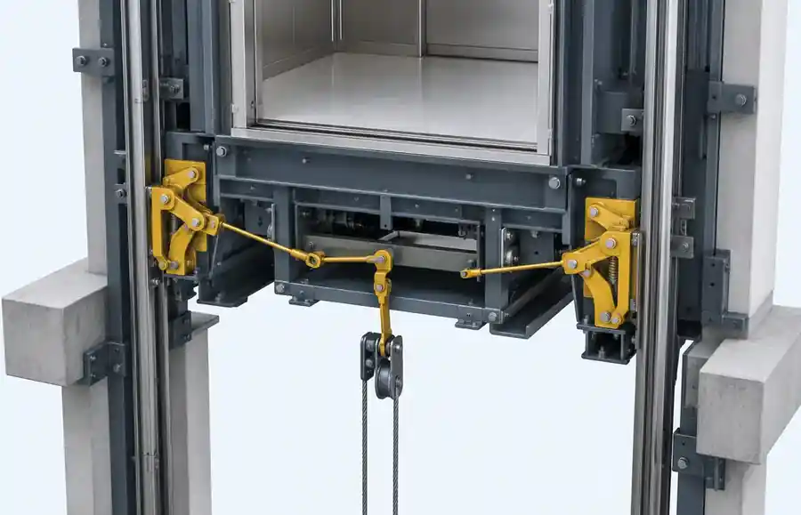 Paracadute di sicurezza dell’ascensore montato sulla cabina e collegato alle guide verticali