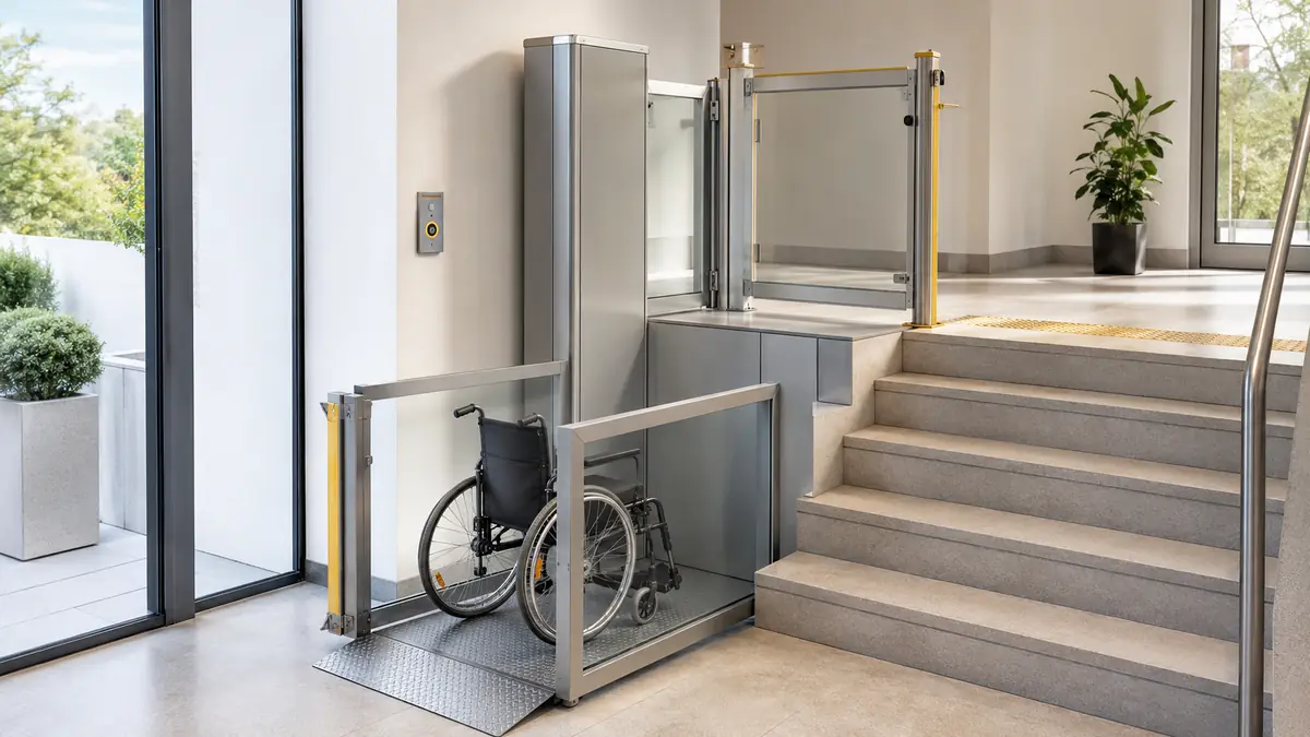 Piattaforma elevatrice verticale con sedia a rotelle accanto a una scala interna