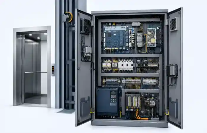 Quadro di manovra aperto di un ascensore con schede elettroniche, inverter, cablaggi e componenti di controllo