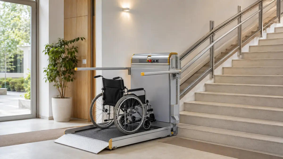 Servoscala a piattaforma per sedia a rotelle installato lungo una scala interna