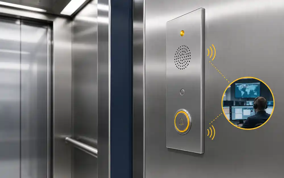 Sistema di comunicazione d’emergenza in cabina ascensore con pulsante di allarme, altoparlante e collegamento alla centrale di assistenza