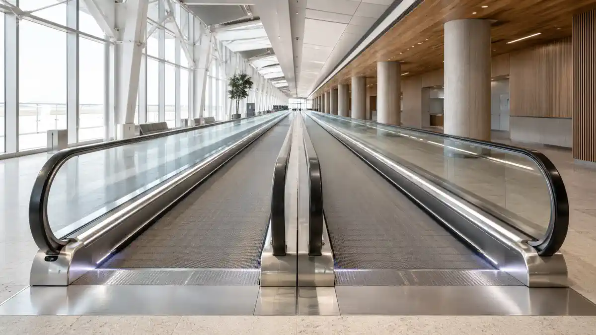 Due tappeti mobili paralleli con superficie antiscivolo, balaustre in vetro e corrimano neri all’interno di un moderno aeroporto
