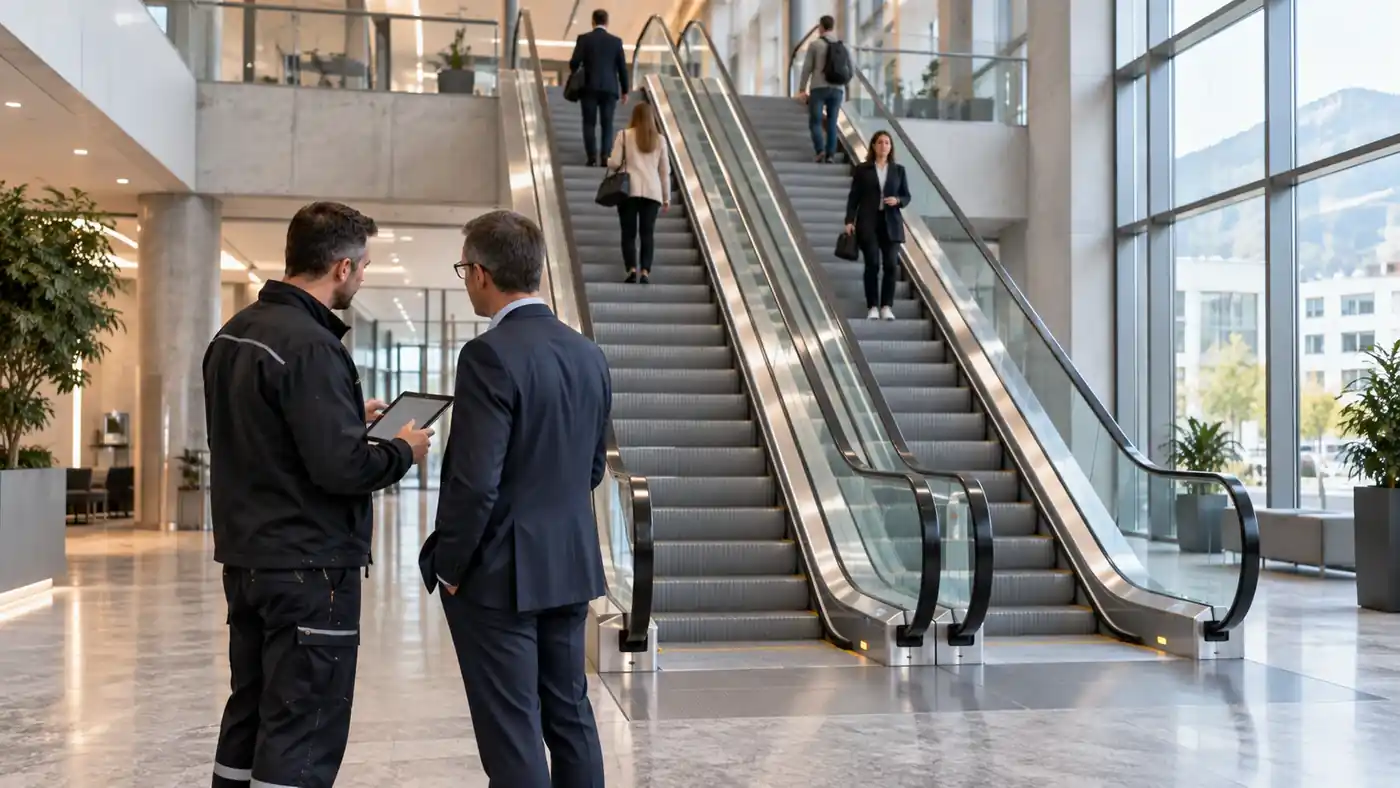 Tecnico e facility manager valutano due scale mobili parallele in un edificio pubblico contemporaneo in Svizzera