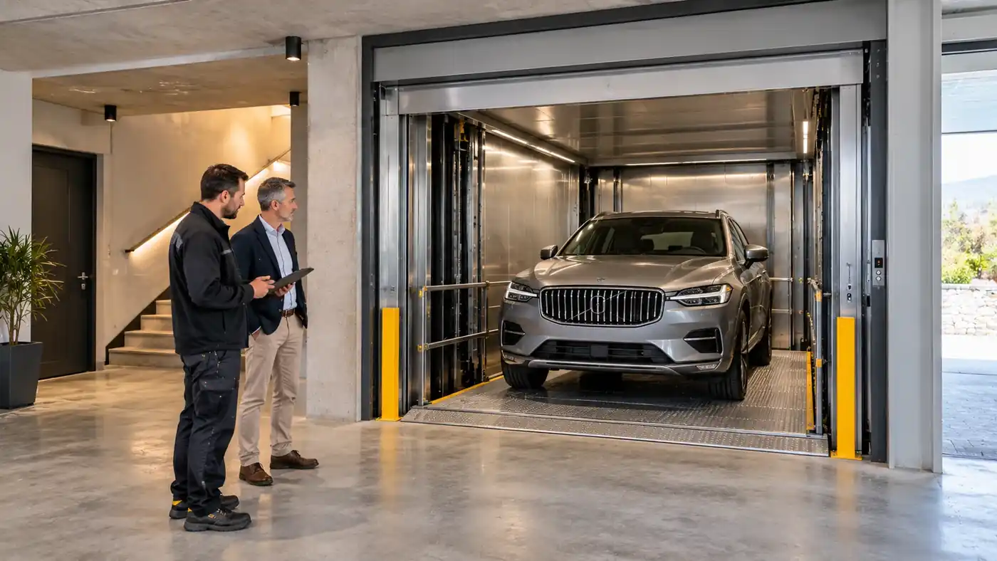 Tecnico e proprietario valutano un montauto con automobile posizionata sulla piattaforma in un garage svizzero