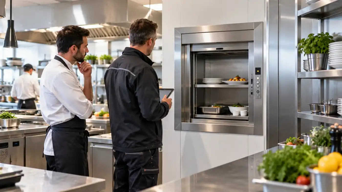 Tecnico e responsabile di cucina valutano un montavivande in acciaio inox con vassoi e stoviglie
