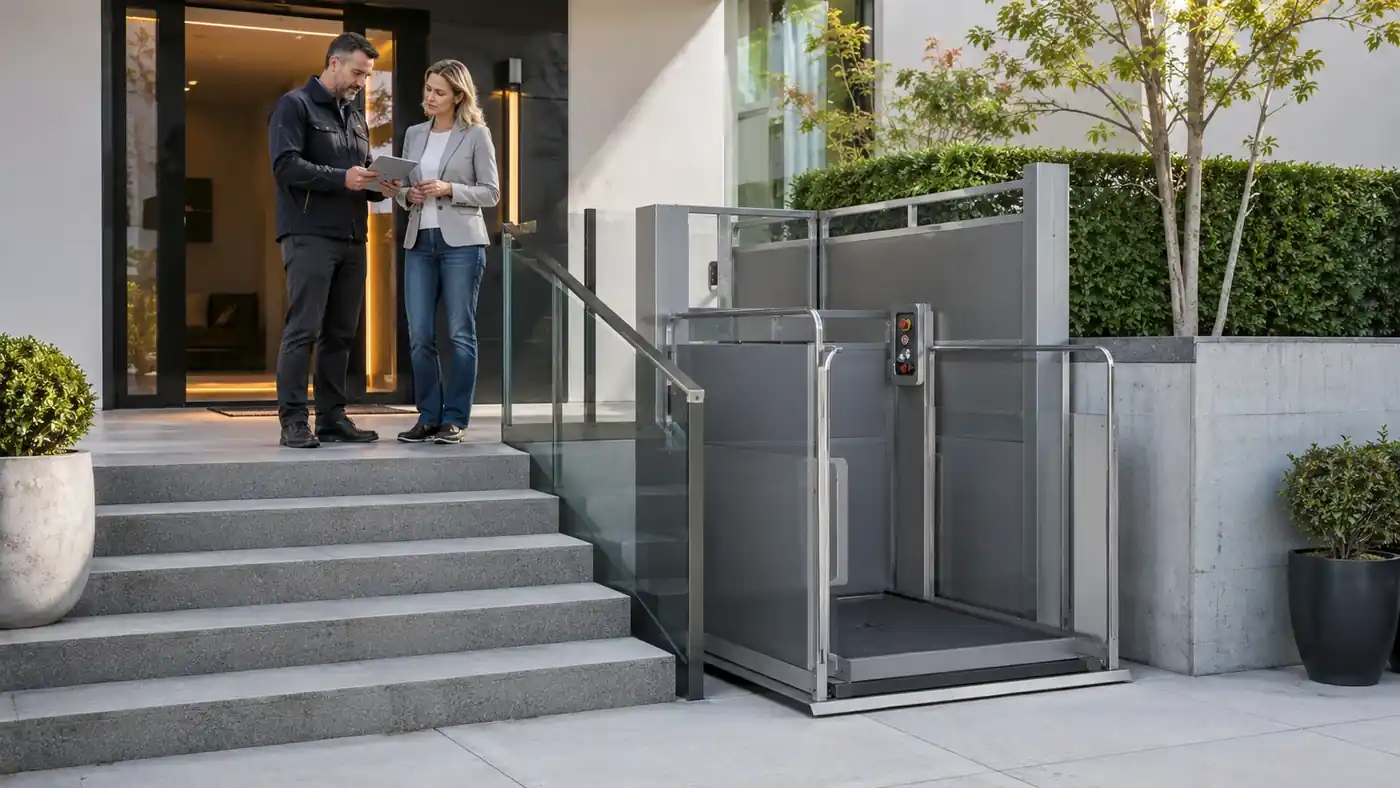 Tecnico e proprietaria valutano una piattaforma elevatrice verticale accanto a una breve scala di ingresso