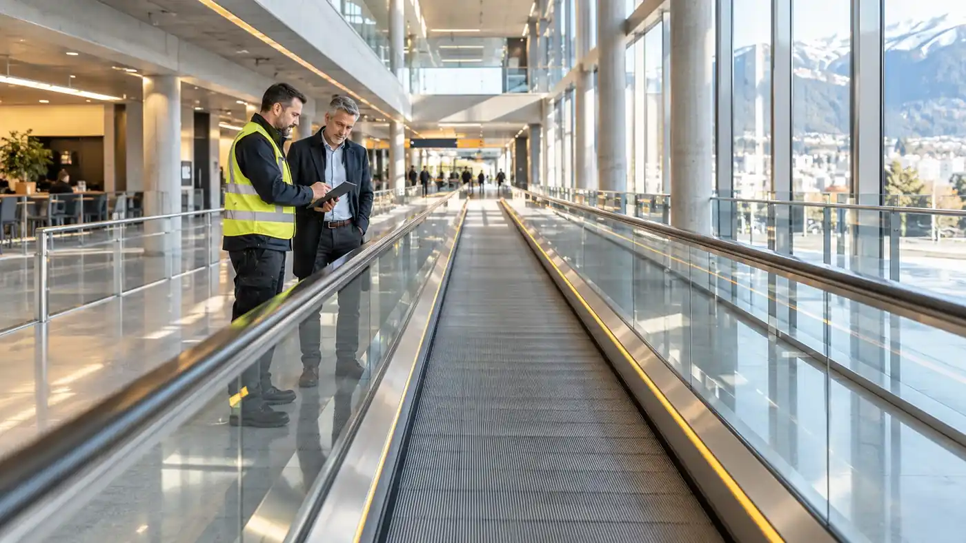 Tecnico e facility manager valutano un tappeto mobile orizzontale in un edificio pubblico contemporaneo in Svizzera